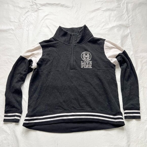 Victorias Secret Pink pullover sweater half zip black white speckled Large - Picture 1 of 7